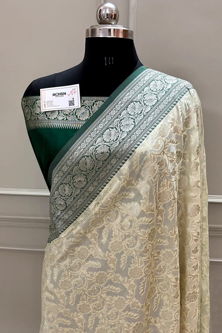 White and Bottle Green Gulabi Jaal Katan Silk Banarasi Saree