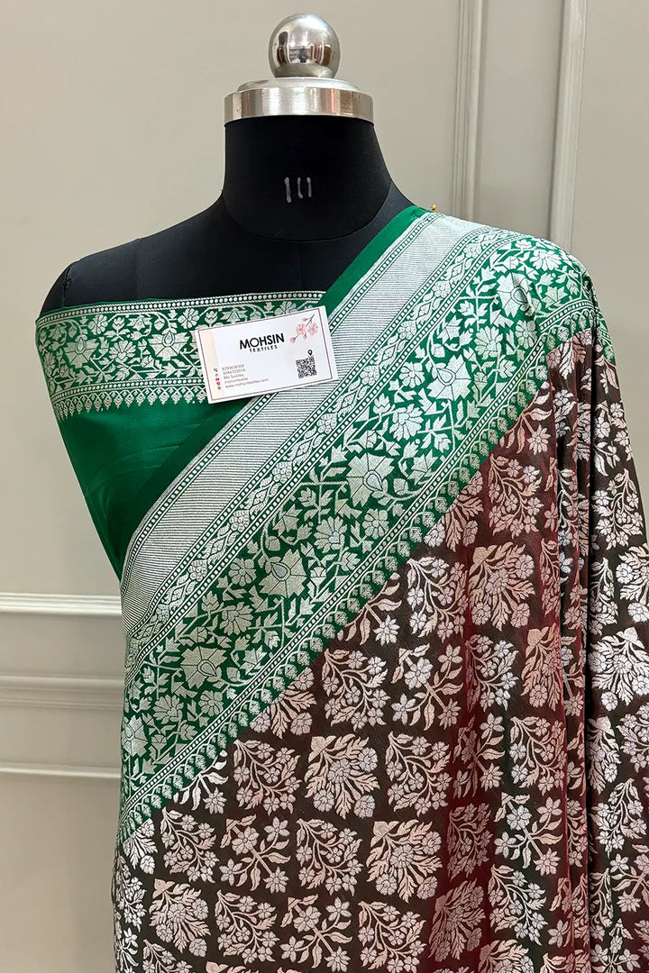 Wine and Bottle Green Temple Buta Katan Silk Banarasi Saree