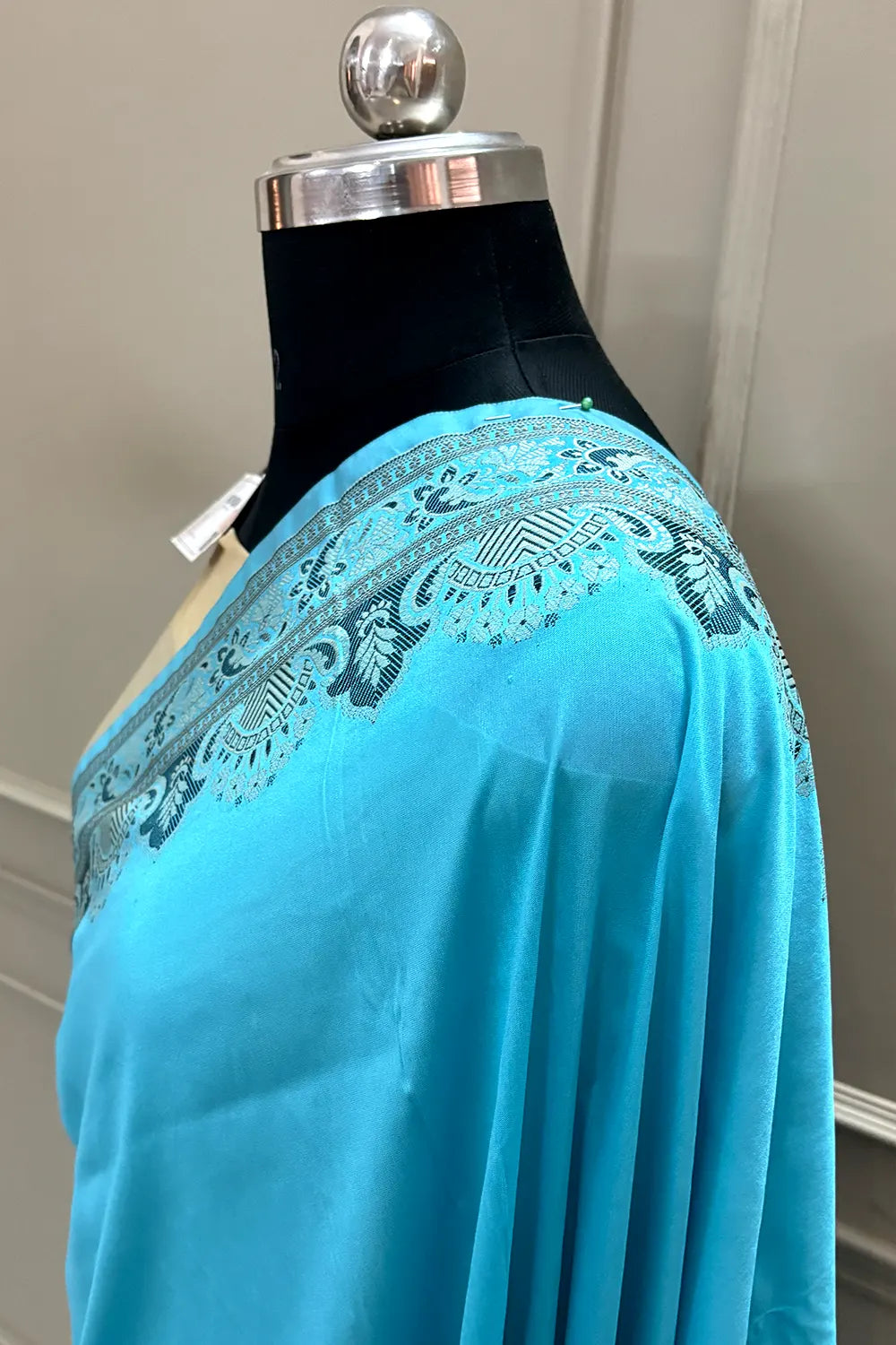 Firozi and Beige Plain Resham Silk Banarasi Saree