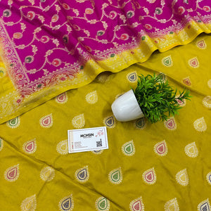 Mustard and Pink Golden Zari Katan Silk Banarasi Suit