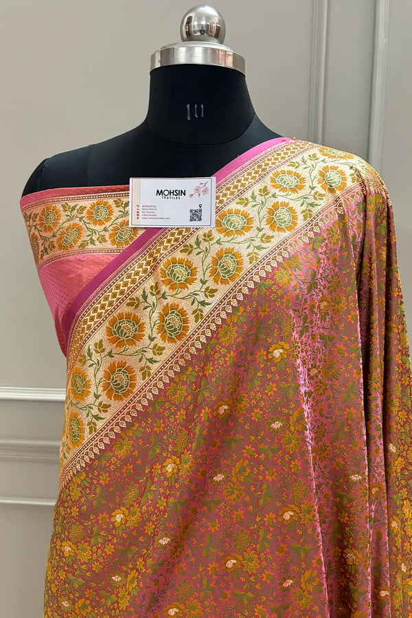 Pink and Mustard Jungli Jaal Katan Silk Banarasi Saree