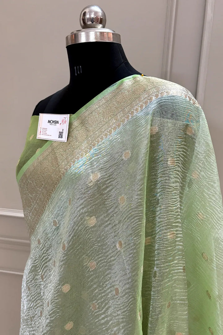 Pista Dollar Buti Crush Tissue Silk Banarasi Saree