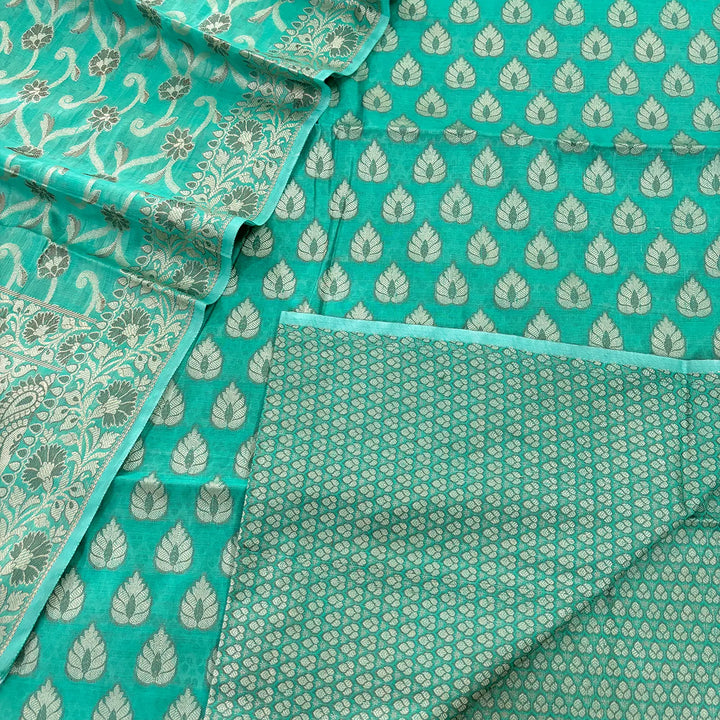 Sea Green Kacchi Carry Patta Cotton Silk Banarasi Suit