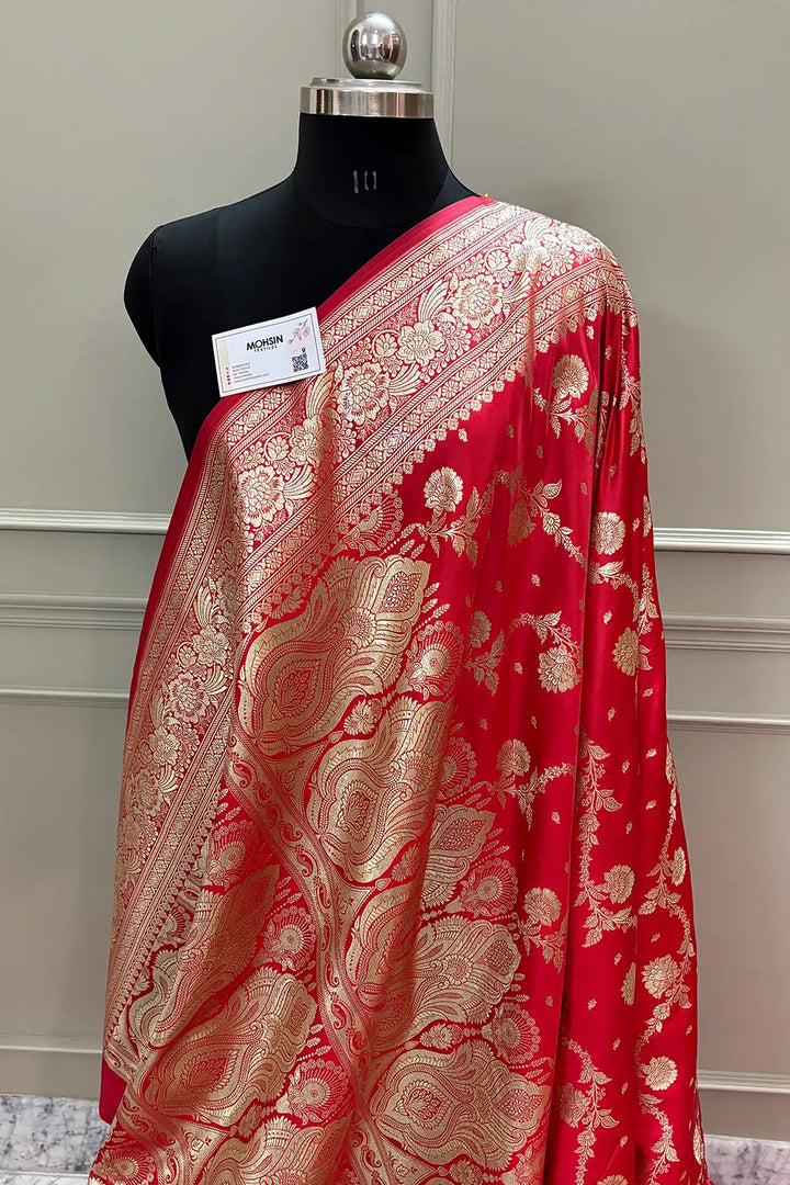 Strawberry Tirchi Daal Katan Silk Banarasi Saree