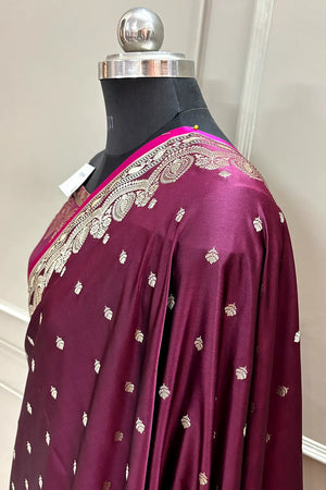 Wine Jadi Buti Katan Silk Banarasi Saree