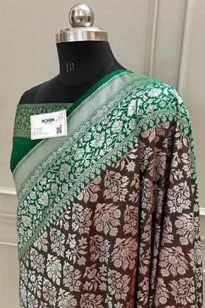 Wine and Bottle Green Temple Buta Katan Silk Banarasi Saree