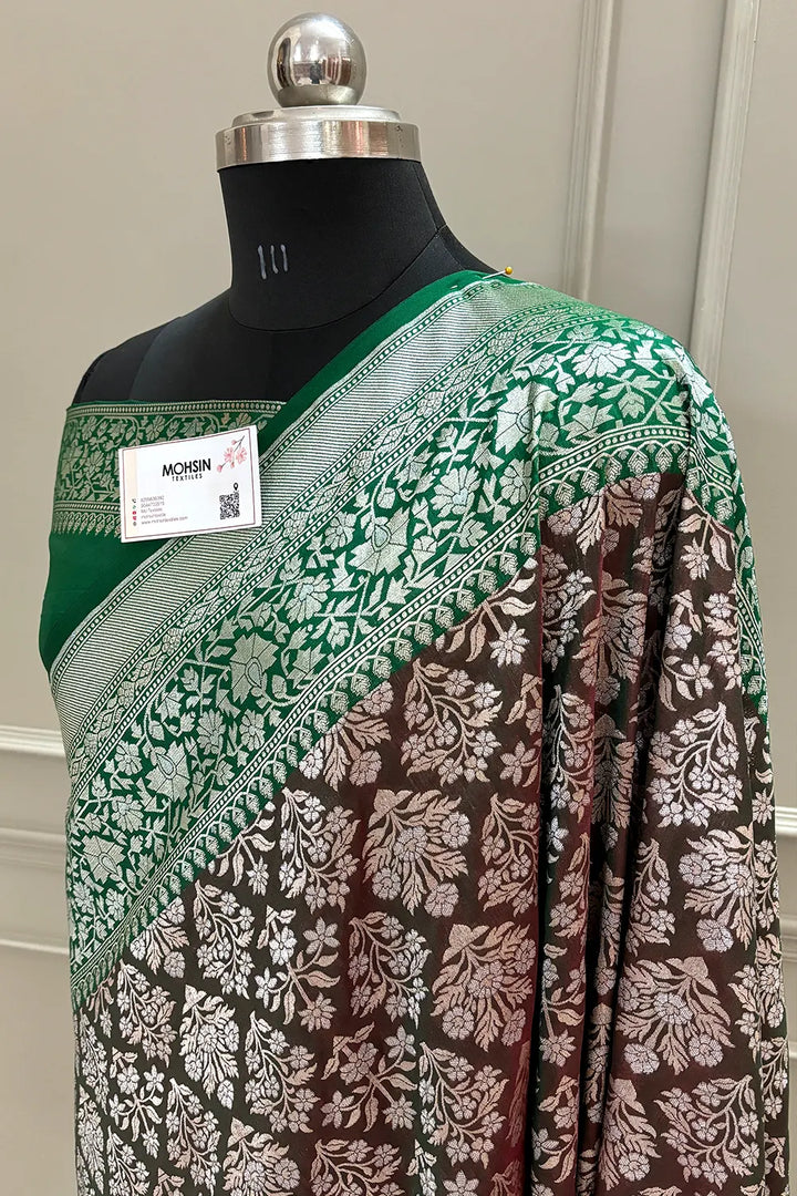 Wine and Bottle Green Temple Buta Katan Silk Banarasi Saree