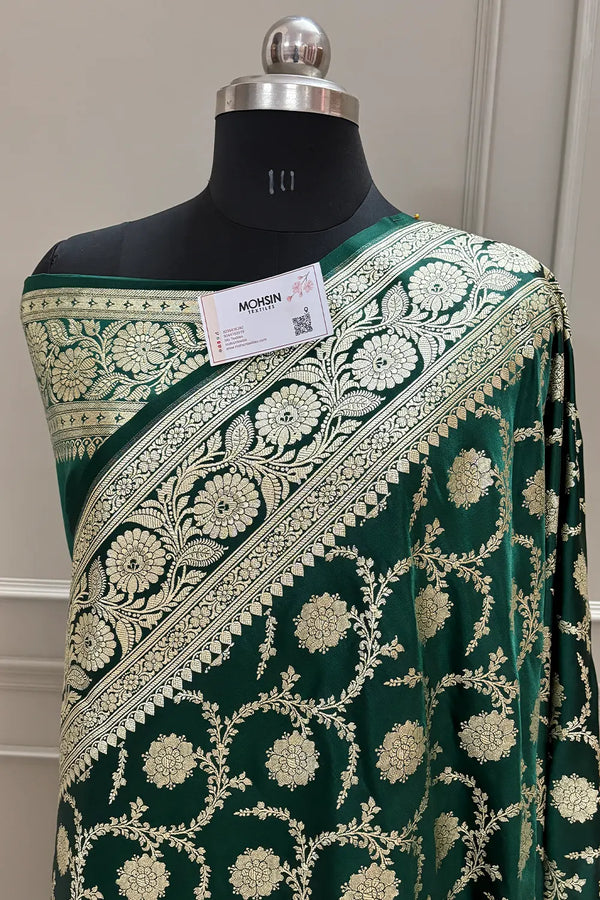 Bottle Green Murmuri Jaal Katan Silk Banarasi Saree