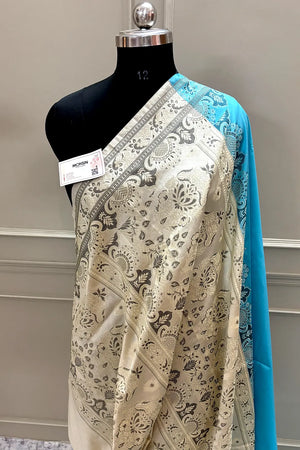 Firozi and Beige Plain Resham Silk Banarasi Saree