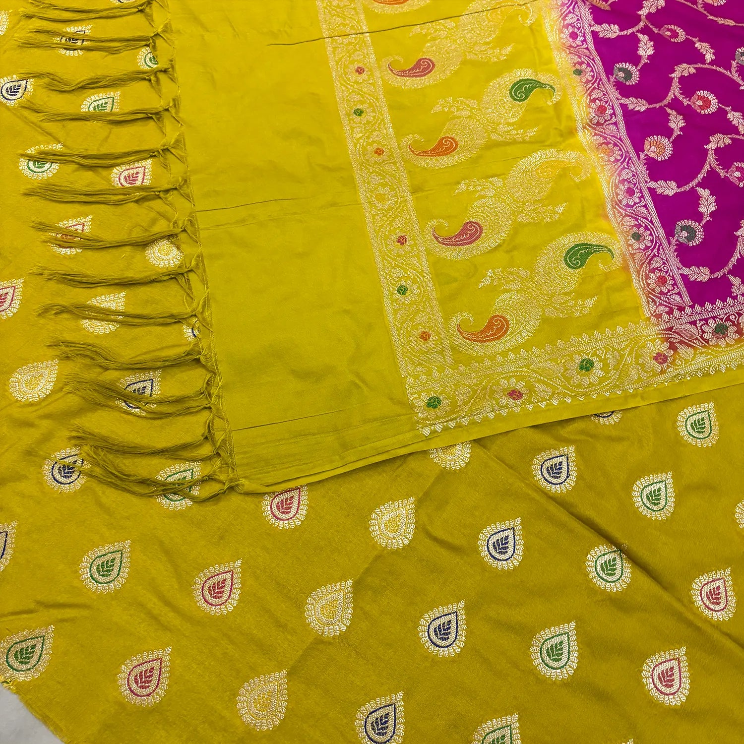 Mustard and Pink Golden Zari Katan Silk Banarasi Suit