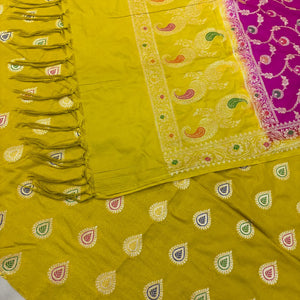 Mustard and Pink Golden Zari Katan Silk Banarasi Suit