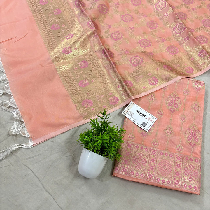 Peach Pink Meena Katan Silk Banarasi Suit