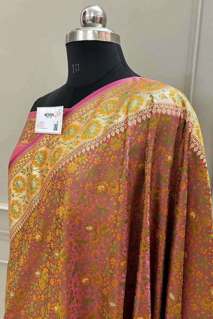 Pink and Mustard Jungli Jaal Katan Silk Banarasi Saree