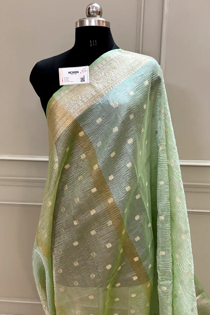 Pista Dollar Buti Crush Tissue Silk Banarasi Saree