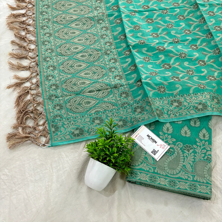 Sea Green Kacchi Carry Patta Cotton Silk Banarasi Suit