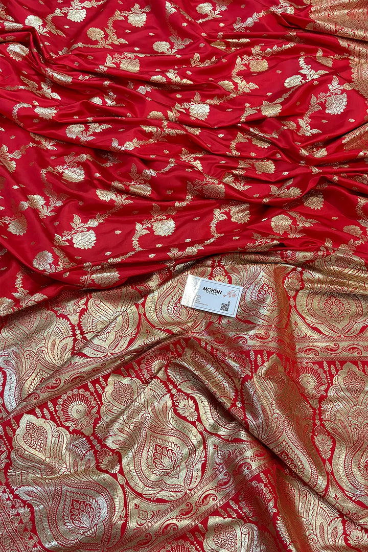 Strawberry Tirchi Daal Katan Silk Banarasi Saree