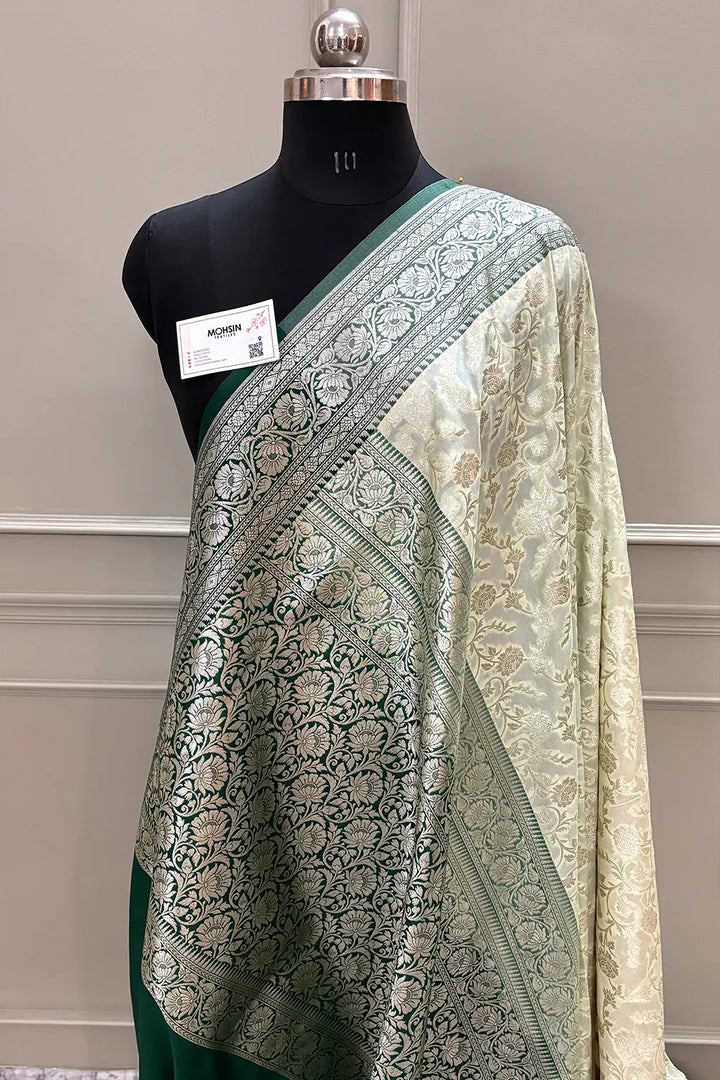 White and Bottle Green Gulabi Jaal Katan Silk Banarasi Saree