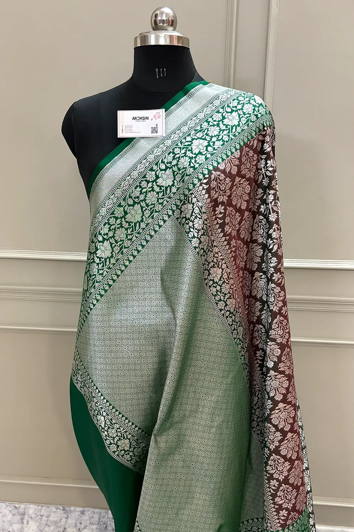 Wine and Bottle Green Temple Buta Katan Silk Banarasi Saree