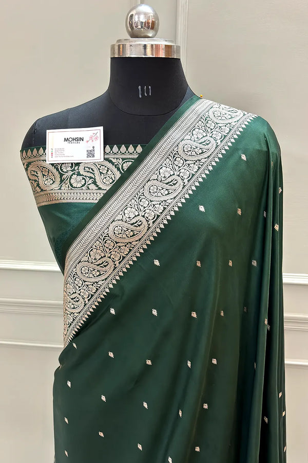 Bottle Green Chitrani Buti Katan Silk Banarasi Saree