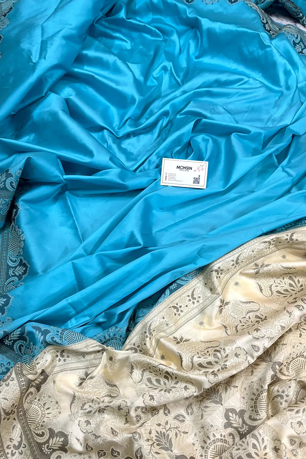 Firozi and Beige Plain Resham Silk Banarasi Saree