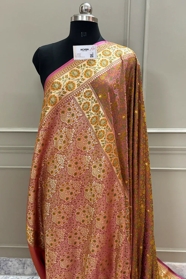 Pink and Mustard Jungli Jaal Katan Silk Banarasi Saree