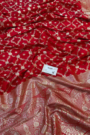 Pinkish Red Qaidi Buti Katan Silk Banarasi Saree