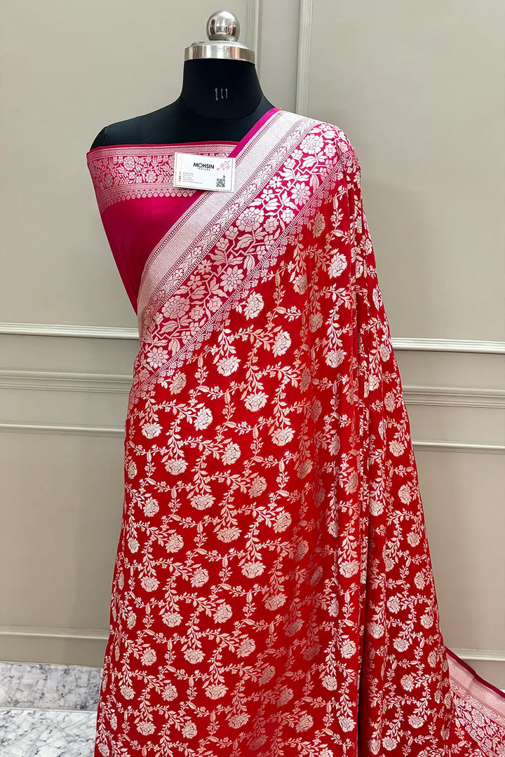 Red and Pink Maharani Jaal Crepe Silk Banarasi Saree