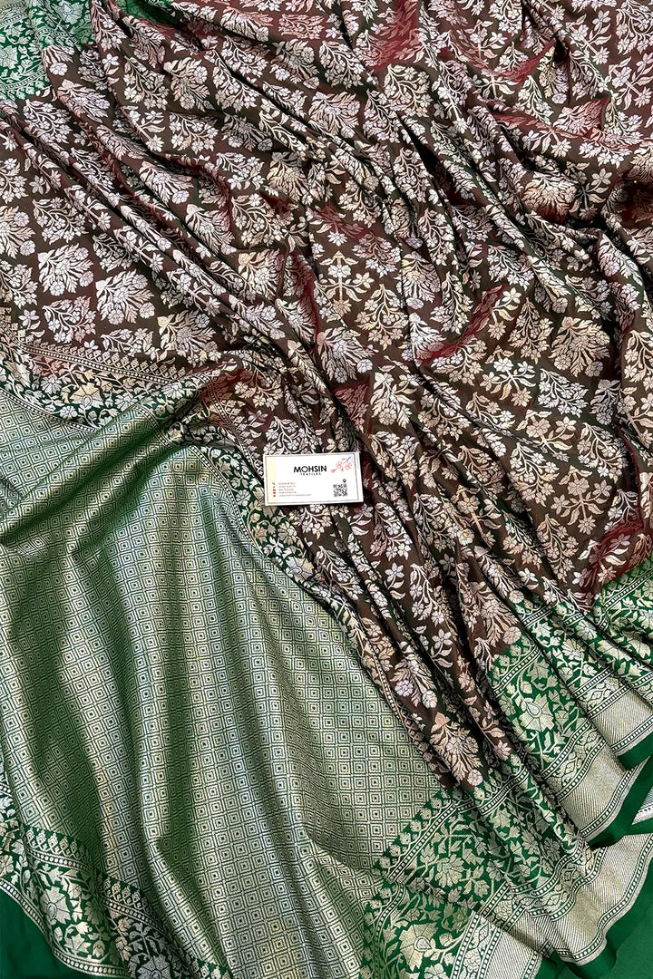 Wine and Bottle Green Temple Buta Katan Silk Banarasi Saree