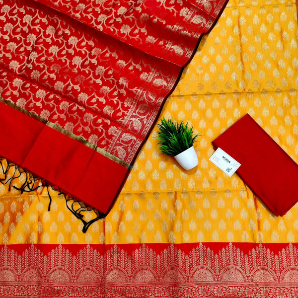 Yellow and Red Frozen Tree Satin Silk Banarasi Suit