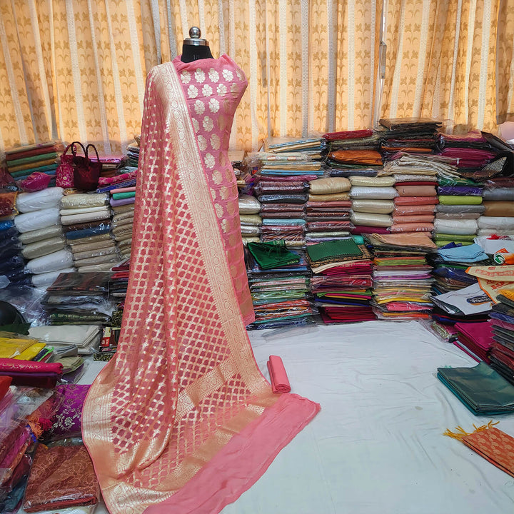 Baby Pink Handloom Khaddi Georgette Silk Banarasi Suit