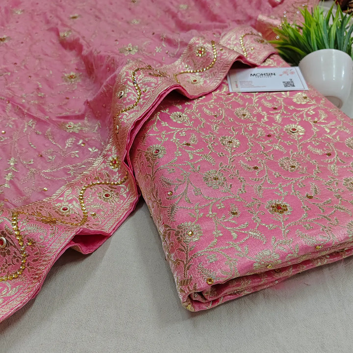 Baby Pink Stone Work Kimkhab Silk Banarasi Gharara