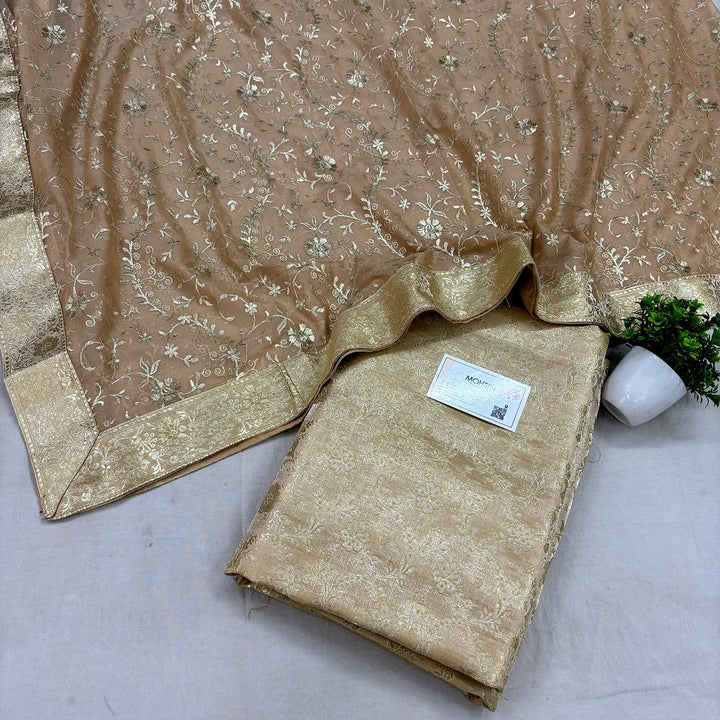 Beige Golden Zari Kimkhab Silk Banarasi Gharara