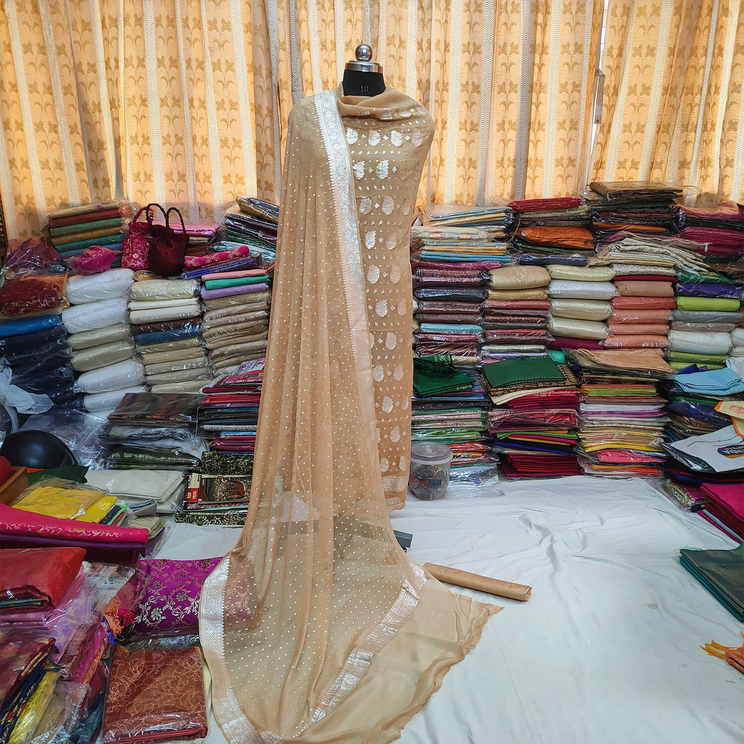 Beige Silver Zari Handloom Georgette Banarasi Suit