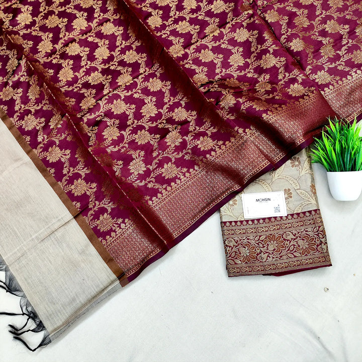 Beige and Maroon Patti Jaal Banarasi Silk Suit