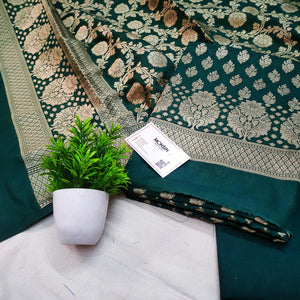 Bottle Green Golden Zari Katan Silk Banarasi Suit