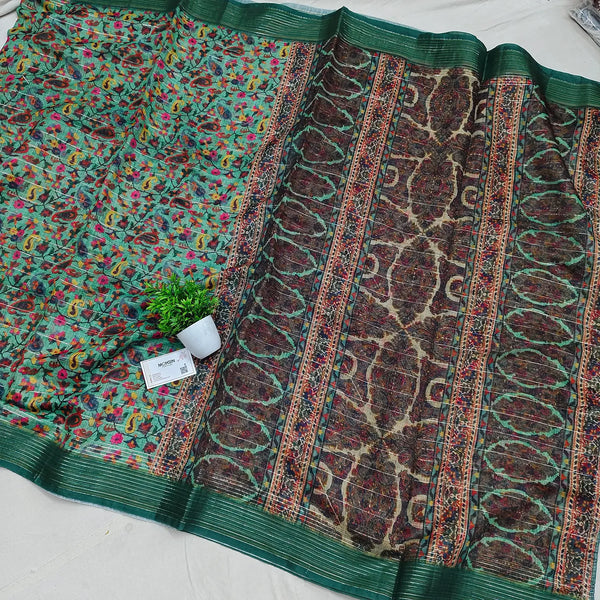 Green and Beige Printed Cotton Silk Banarasi Saree