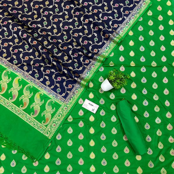 Green and Navy Blue Golden Zari Katan Silk Banarasi Suit