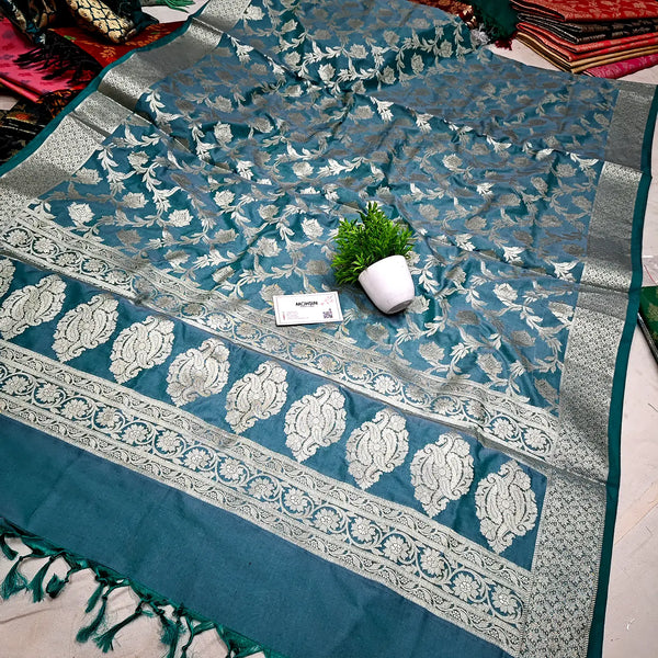 Greyish Teal Rose Jaal Katan Silk Banarasi Dupatta