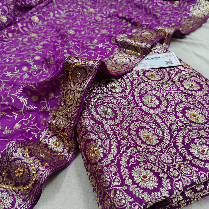 Magenta Murrah Jaal Stone Work Kimkhab Silk Banarasi Gharara