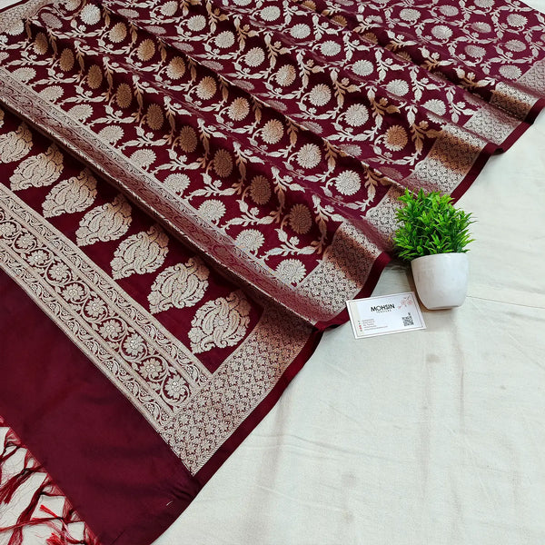 Maroon Lotus Jaal Katan Silk Banarasi Dupatta