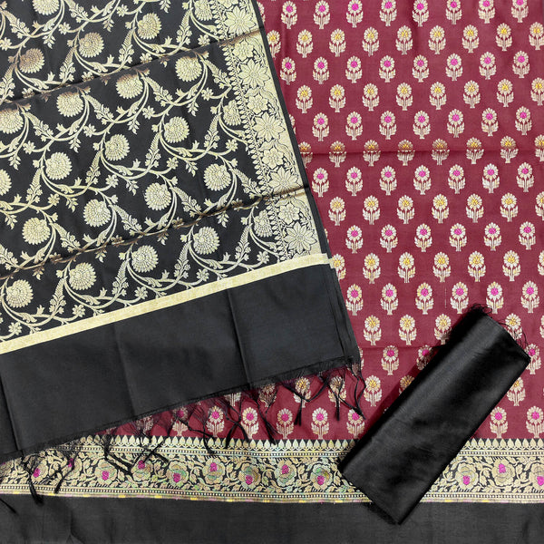 Maroon and Black Contrass Satin Silk Banarasi Suit