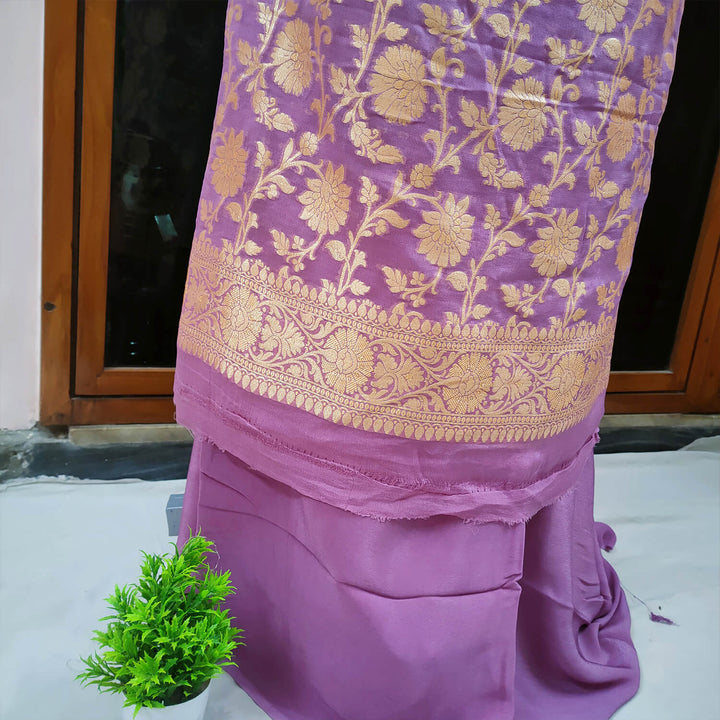 Mauve Pure Khaddi Georgette Silk Banarasi Suit