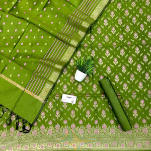 Mehendi Golden Zari Satin Silk Banarasi Suit