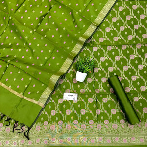 Mehendi Golden Zari Satin Silk Banarasi Suit