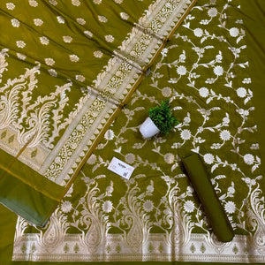Mehendi Golden Zari Katan Silk Banarasi Suit