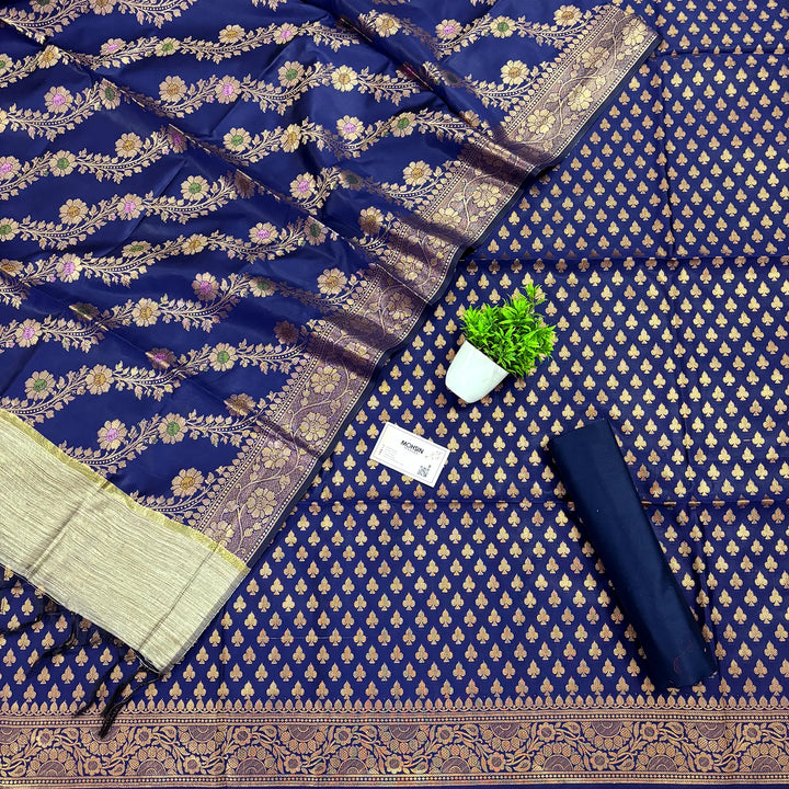 Navy Blue Chidiya Buti Satin Silk Banarasi Suit