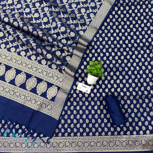Navy Blue Tedhi Patti Katan Silk Banarasi Suit