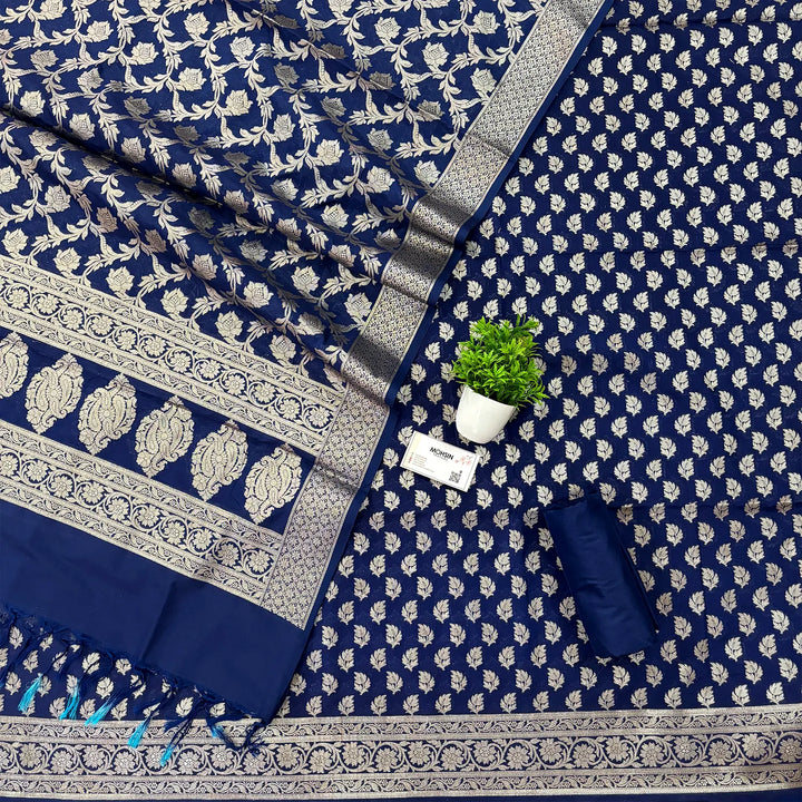 Navy Blue Tedhi Patti Katan Silk Banarasi Suit