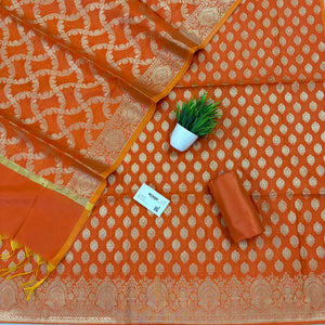 Orange Golden Zari Resham Silk Banarasi Suit