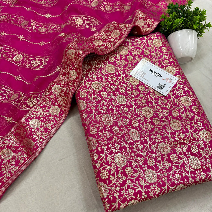 Pink Golden Zari Kimkhab Silk Banarasi Gharara